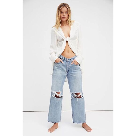 Free People x Citizens of Humanity Elle V Front Distressed Wide-Leg Jeans $288 - Picture 1 of 8